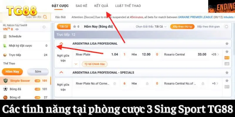 Các tính năng tại phòng cược 3 Sing Sport TG88