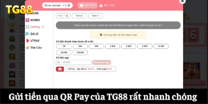 Gửi tiền qua QR Pay của TG88 rất nhanh chóng