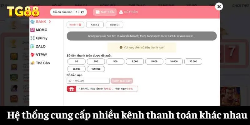 Hệ thống cung cấp nhiều kênh thanh toán khác nhau cho hội viên